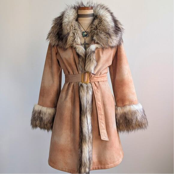 Vintage Brown Vegan Suede Penny Lane Jacket Y2K Tan Faux Fur Afghan Coat Small - Picture 1 of 10